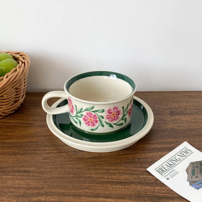 1Set Mid-Century Style Hand-Painted Flower Pattern Ceramic Cup and Saucer, High-End Exquisite Coffee Cup and Saucer, Suitable for Home Decoration, Home Drinking Water, Home Daily Use, Party, Breakfast Milk Cup, Afternoon Tea