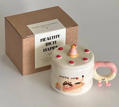 Birthday Gift Box Coffee Cup Cartoon Ilustration Underglaze Color Creative Cake with Lid Ceramic Water Cup Couple