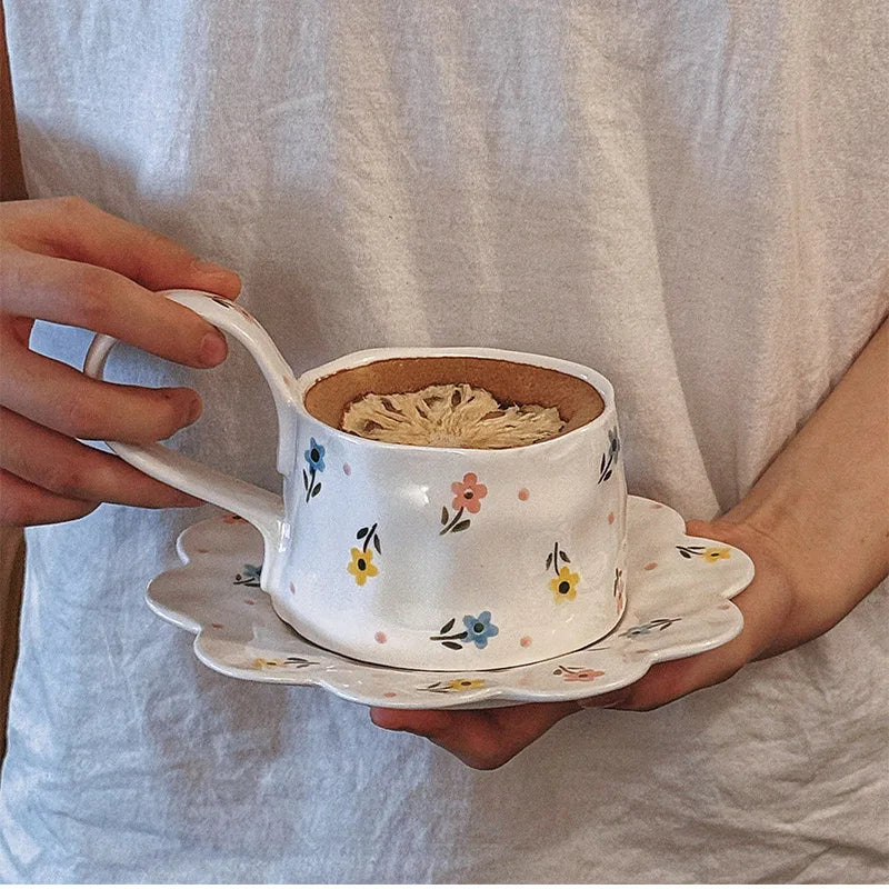 Korean Same Underglaze Hand-painted Floral Coffee Cup Plate Mug Couple Gift Cup Ceramic Mug