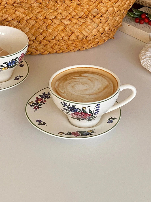 Retro Afternoon Tea Ceramic Coffee Cups and Plates Household European Floral Latte with Ear Hanging Ice American Style