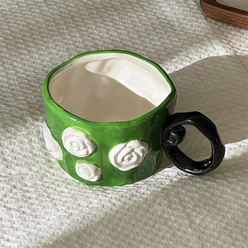 Handmade Hand Drawn Three-dimensional Relief Rose Flower Ceramic Mug Irregular Coffee Cup Gift Water Cup