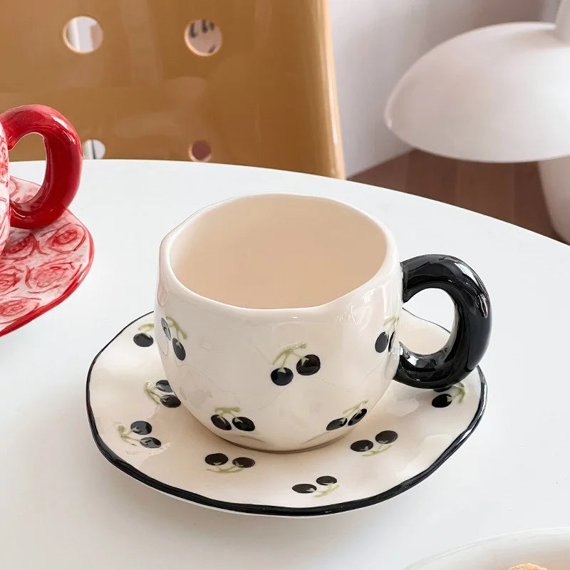 340ML Hand Pinched Irregular Ceramic Mug Red Love heart pattern Coffee Cup with Saucer Set Afternoon Tea Cup holiday gifts
