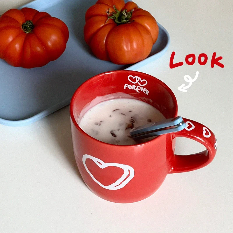 Red Mug Large Capacity Water Cup Coffee Heart Cup Korean Handle Bow Cute Gift