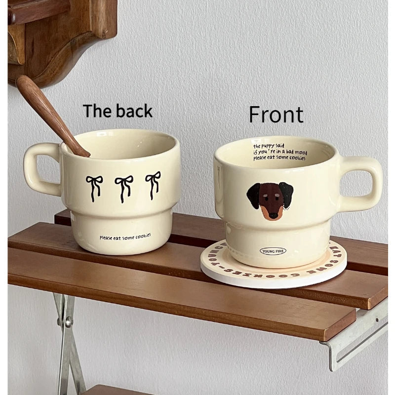 Cream Brown Bow Puppy Ceramic Mug with Hand-painted Coffee Stacking Cup As A Gift