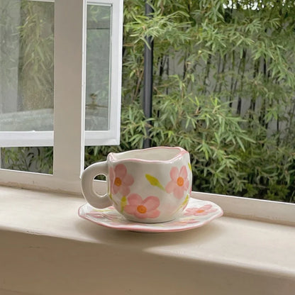 Pretty in Pink Checkered Coffee Cup and Plate Set for Afternoon Tea and Handheld Sips Coffee Cup Set