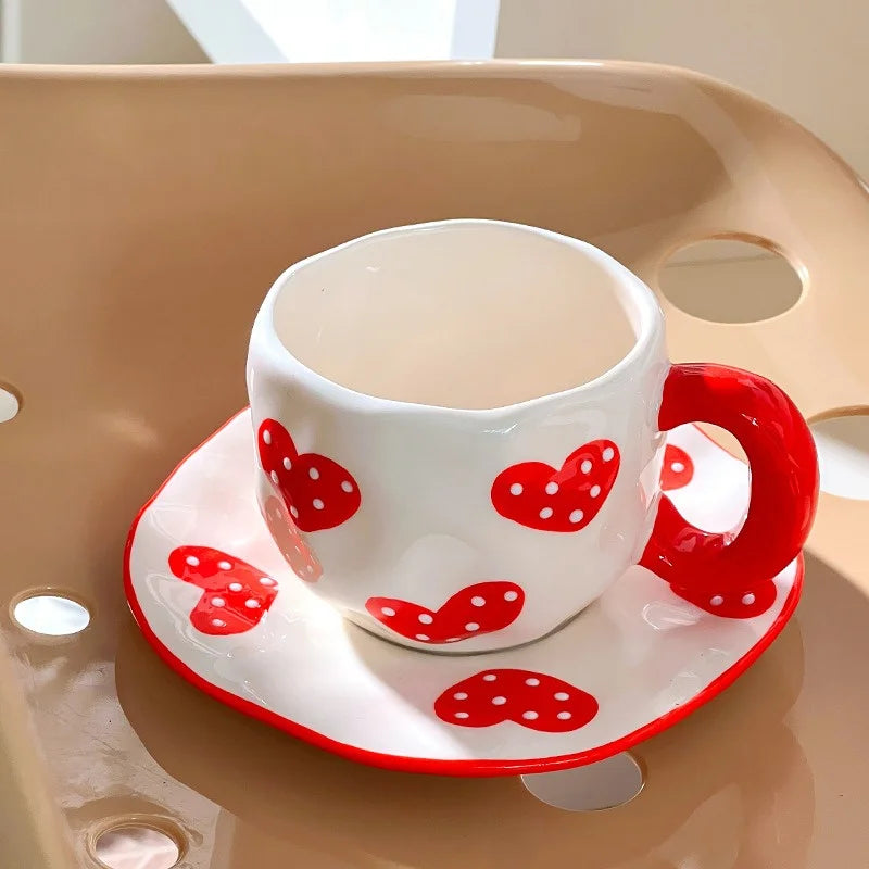 340ML Hand Pinched Irregular Ceramic Mug Red Love heart pattern Coffee Cup with Saucer Set Afternoon Tea Cup holiday gifts