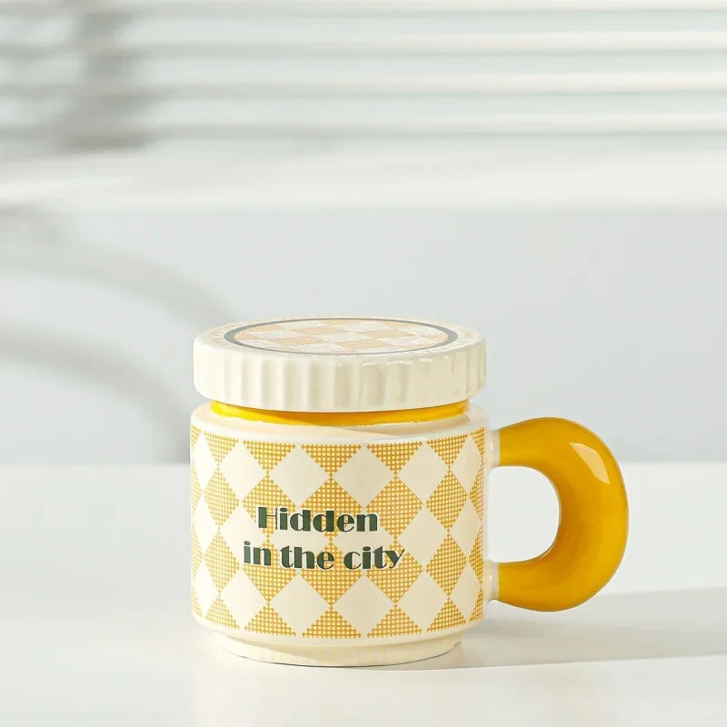 400ML Flowers Ceramic Mug with Lid Creative Checkerboard Grid Pattern Coffee Mug Home Office Breakfast Milk Cup Birthday Gift