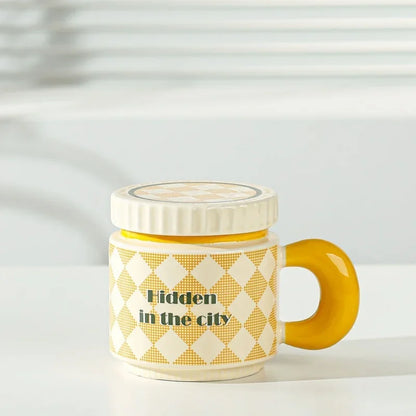 400ML Flowers Ceramic Mug with Lid Creative Checkerboard Grid Pattern Coffee Mug Home Office Breakfast Milk Cup Birthday Gift