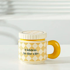 400ML Flowers Ceramic Mug with Lid Creative Checkerboard Grid Pattern Coffee Mug Home Office Breakfast Milk Cup Birthday Gift