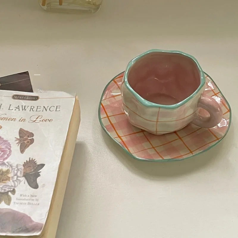 Pretty in Pink Checkered Coffee Cup and Plate Set for Afternoon Tea and Handheld Sips Coffee Cup Set