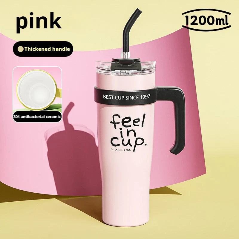 1200ml Large-Capacity Insulated Cup with a Antibacterial ceramic Inner Liner and an Attached Straw，car cup，water bottle
