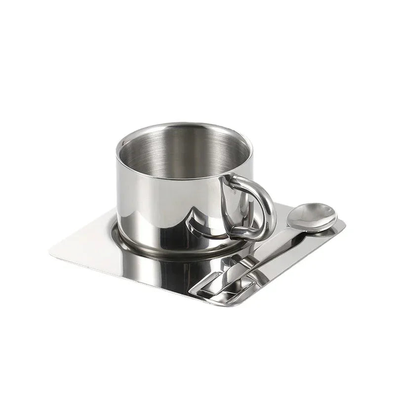 Minimalist Nordic Mug 3pcs Set 304 Stainless Steel Coffee Mug Heat Resistant Milk Cup with Saucer Spoon Placemat Tableware Set