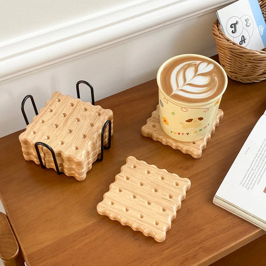 5Pcs/1Set Wooden Cookie Coaster with Iron Frame Collector, Original Design Wooden Coaster, Cookie Shape Cup and Saucer, Anti-Slip and Anti-Collision, Suitable for Coffee Shop Beverage Anti-Slip Mat, Home Decoration Ornament,