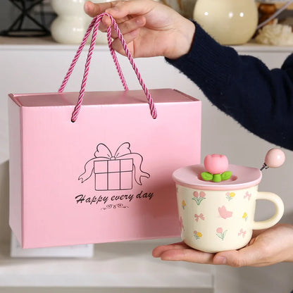 Creative Coffee Mug with Tulip Flower Design Ceramic Cup for Women Aesthetic Ins Style Breakfast Cup