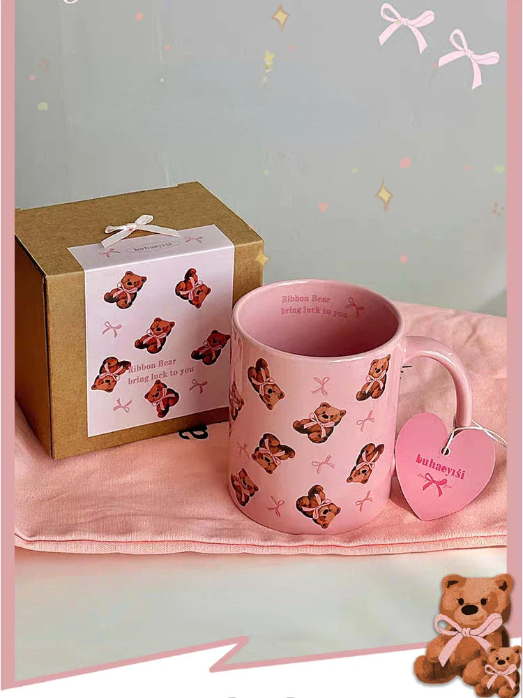 Original Super Cute Bow Teddy Bear Ceramic Cup Breakfast Coffee Cup Pink Coffee Mug