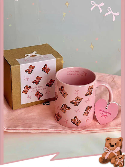 Original Super Cute Bow Teddy Bear Ceramic Cup Breakfast Coffee Cup Pink Coffee Mug
