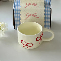 Cream Style Hand Pinched Irregular Bow Shaped Ceramic Large Ear Cup Exquisite Afternoon Tea Cup Gift Box for Best Friend