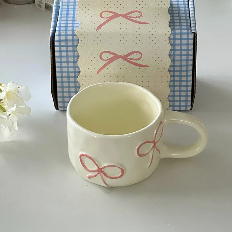 Cream Style Hand Pinched Irregular Bow Shaped Ceramic Large Ear Cup Exquisite Afternoon Tea Cup Gift Box for Best Friend