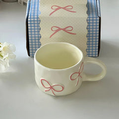 Cream Style Hand Pinched Irregular Bow Shaped Ceramic Large Ear Cup Exquisite Afternoon Tea Cup Gift Box for Best Friend