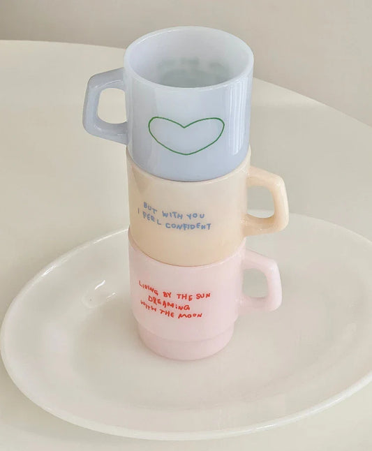 Love Korean Milk Glass Mug Cute Vintage Coffee Cup Vintage Hot Drink Gift Milk Cup