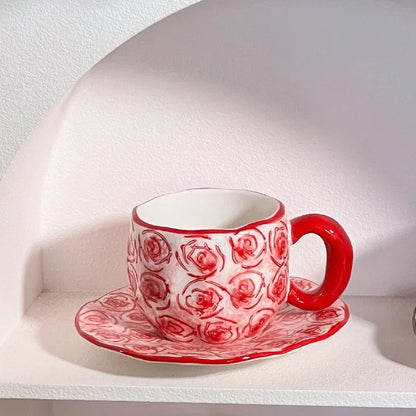 340ML Hand Pinched Irregular Ceramic Mug Red Love heart pattern Coffee Cup with Saucer Set Afternoon Tea Cup holiday gifts