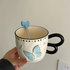 Hand Drawn Contrasting Butterfly Mug Underglaze Color Breakfast Water Cup Dormitory Cup