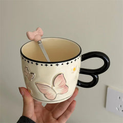 Hand Drawn Contrasting Butterfly Mug Underglaze Color Breakfast Water Cup Dormitory Cup