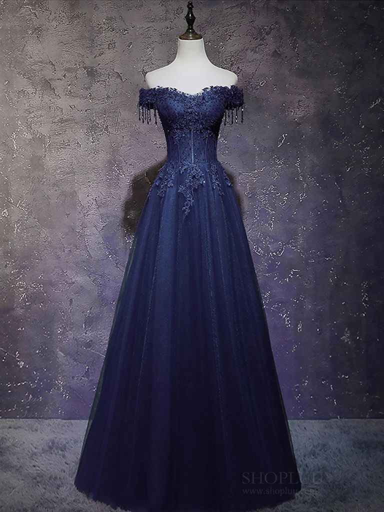 Sparkly A line Off The Shoulder Marine Ball Dresses Floor Length Formal Gowns Navy Blue Lace Prom Dresses Evening Dress AB745