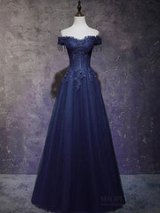 Sparkly A line Off The Shoulder Marine Ball Dresses Floor Length Formal Gowns Navy Blue Lace Prom Dresses Evening Dress AB745